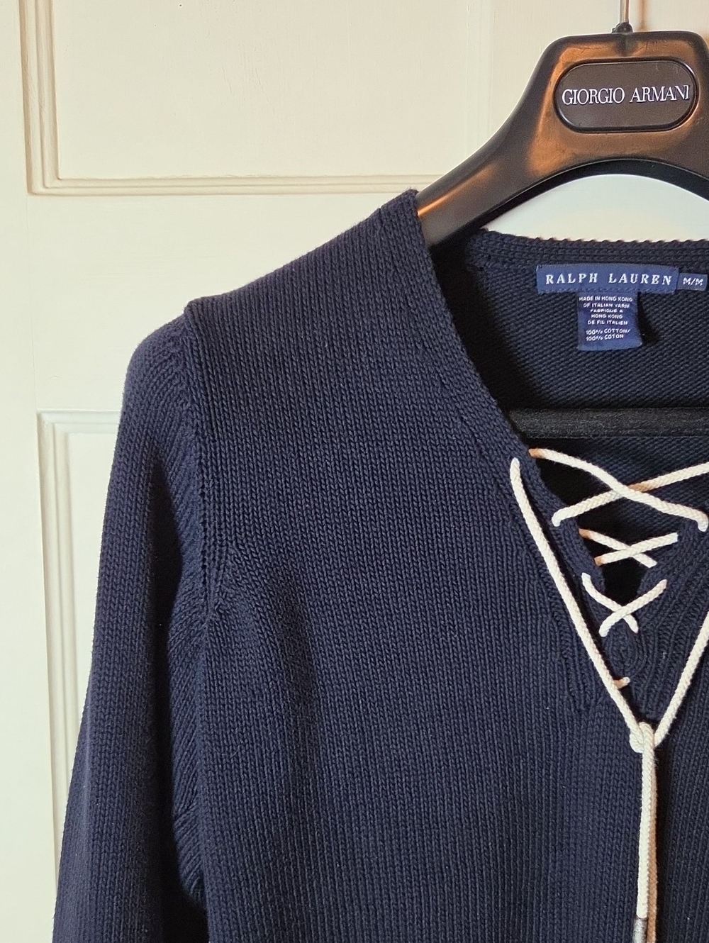 Vintage Ralph Lauren Lace-Up Knit Sweater In Navy With White Laces SZ Medium - Picture 7 of 11